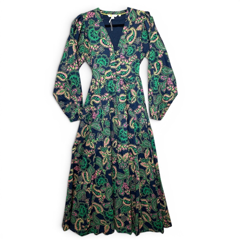 Boden Amelia Cotton Maxi Dress Womens 4 Paisley Floral V-Neck Tie Waist NWOT - Picture 2 of 13